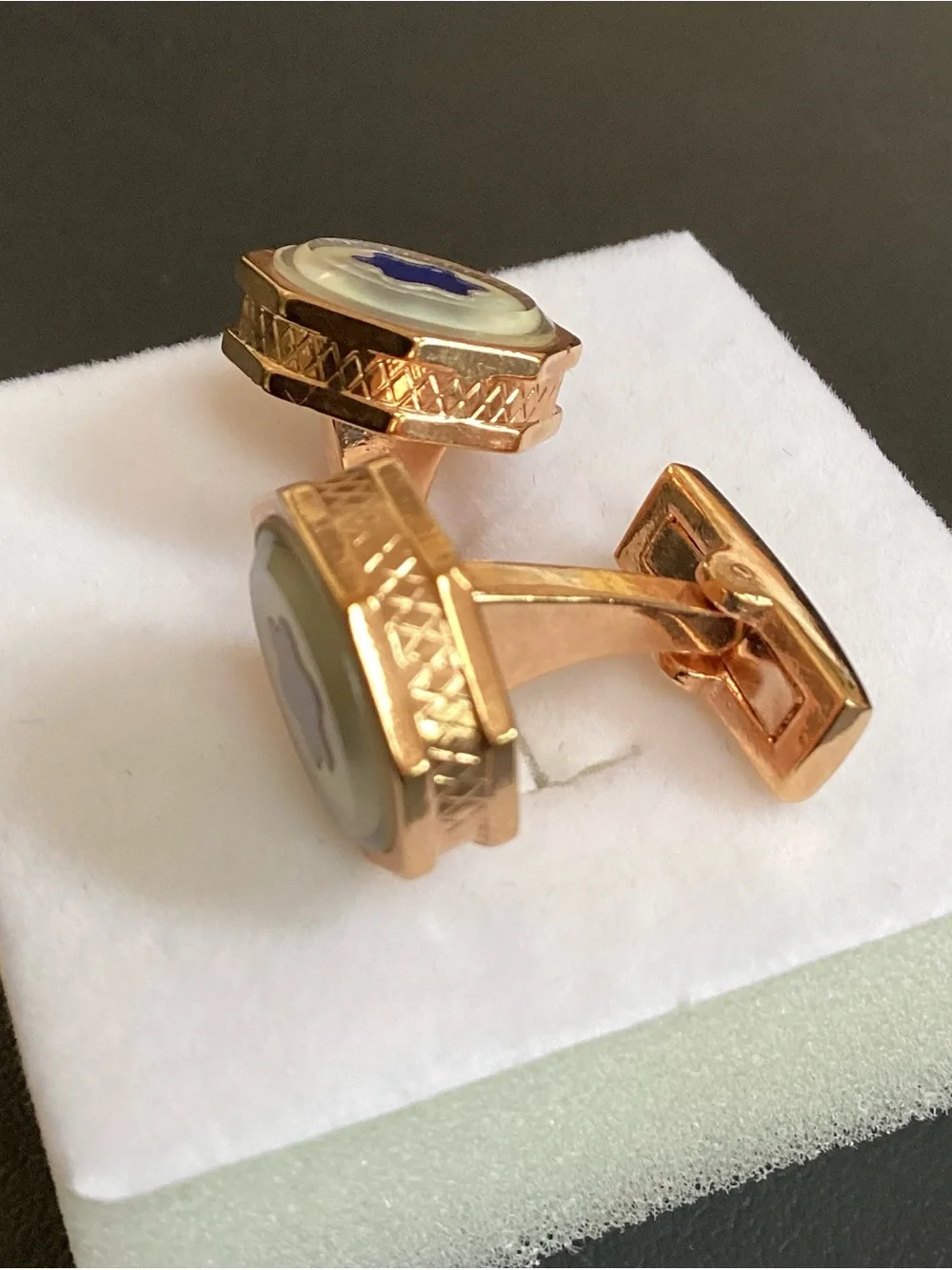 Montblanc Rose Gold-Tone Cufflinks - Blue Star Mother of Pearl Greek Key Motif